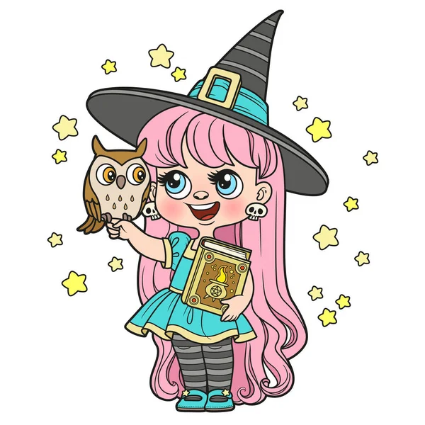 Nettes Cartoon Langhaariges Mädchen Einem Halloween Hexenkostüm Mit Lehrbuch Der — Stockvektor