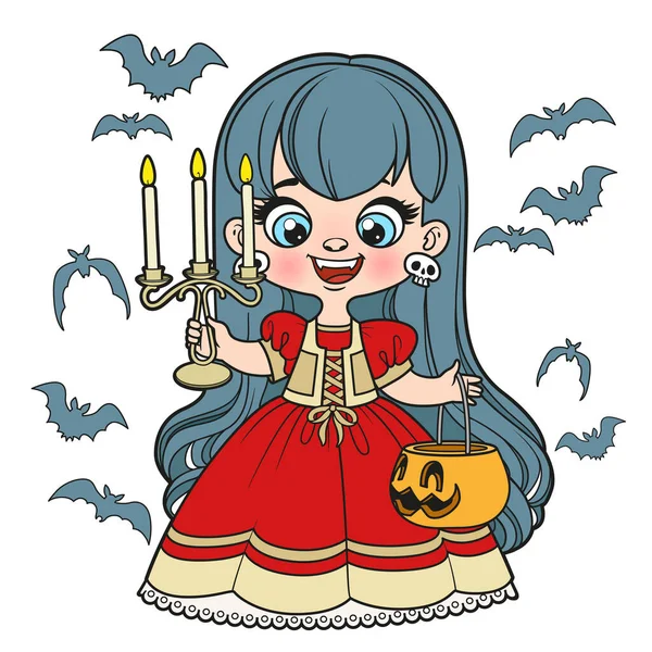 Desenhos Animados Bonitos Menina Cabelos Longos Traje Vampiro Halloween Com — Vetor de Stock