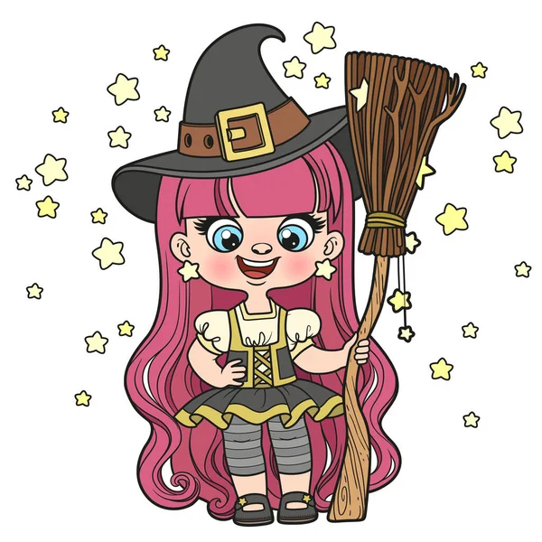 かわいい漫画長い髪の女の子でハロウィン魔女ドレスでほうきと星の色のバリエーションのための着色ページ上の白い背景 — ストックベクタ