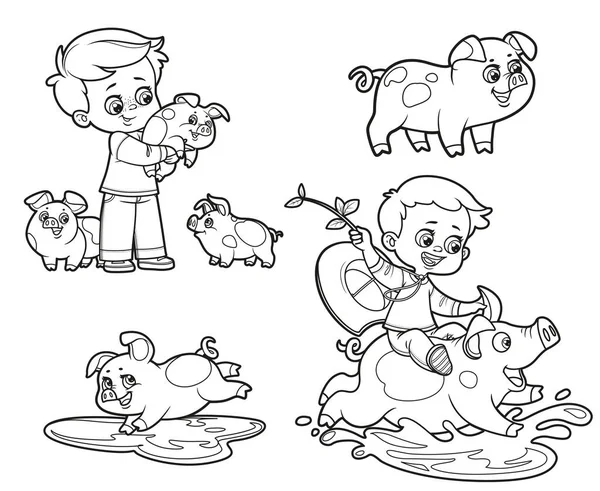 Bonito Desenhos Animados Meninos Brincar Com Porcos Porcos Separadamente Delineado — Vetor de Stock