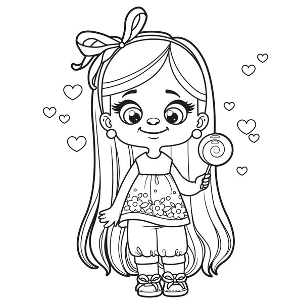 Cute Cartoon Longhaired Girl Lollipop Candy Hand Coloring Page White — Stock Vector