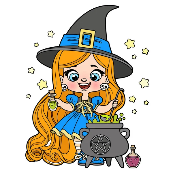 Cute Cartoon Long Haired Girl Halloween Witch Dress Brews Potion — Stock Vector