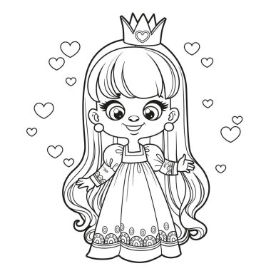Beyaz arka planda boyama sayfası için özetlenmiş uzun saçlı prenses kız.