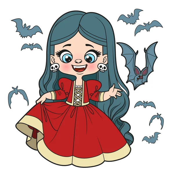 Desenhos Animados Bonitos Menina Cabelos Longos Traje Vampiro Halloween Com — Vetor de Stock