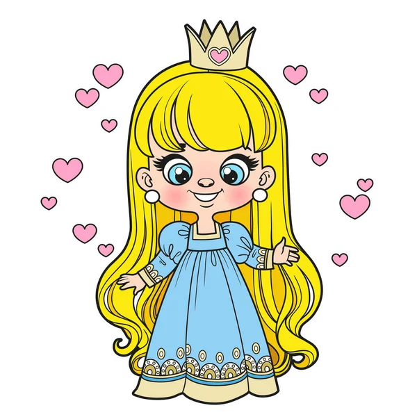 Beyaz Arkaplanda Boyama Sayfası Için Uzun Saçlı Şirin Prenses Kız — Stok Vektör