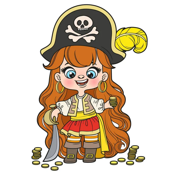 Cute Cartoon Long Haired Pirate Girl Saber Gold Coins Color — Stock Vector