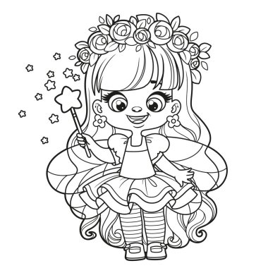 Beyaz arka planda boyama sayfası için sihirli değnekli uzun saçlı kız perisi.