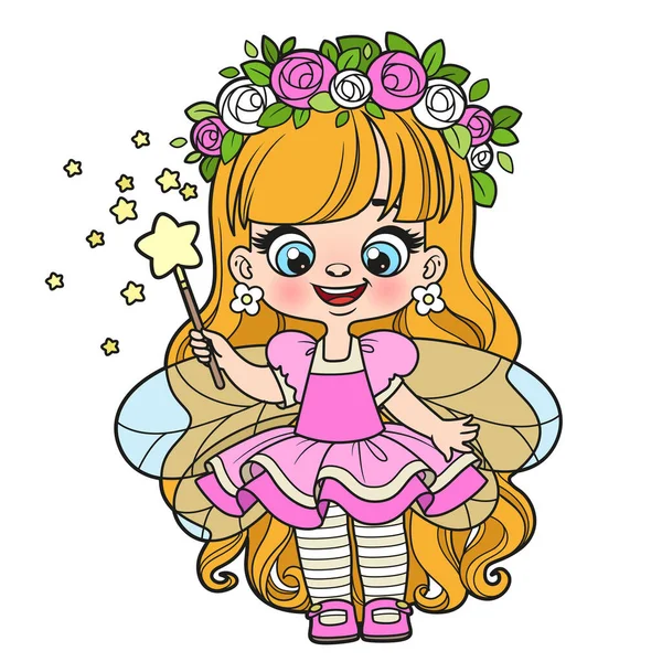 Cute Cartoon Long Haired Girl Fairy Magic Wand Color Variation — Stock Vector