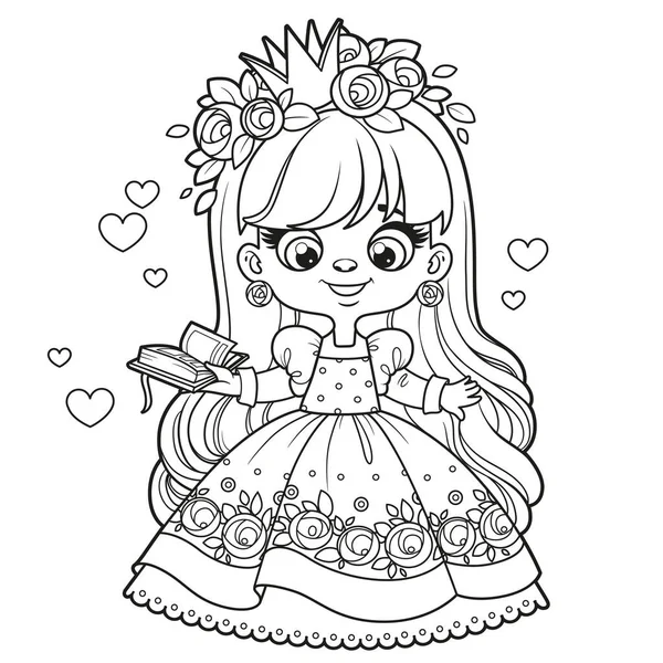 Cute Long Haired Cartoon Princess Girl Book Outlined Coloring Page — Stock Vector