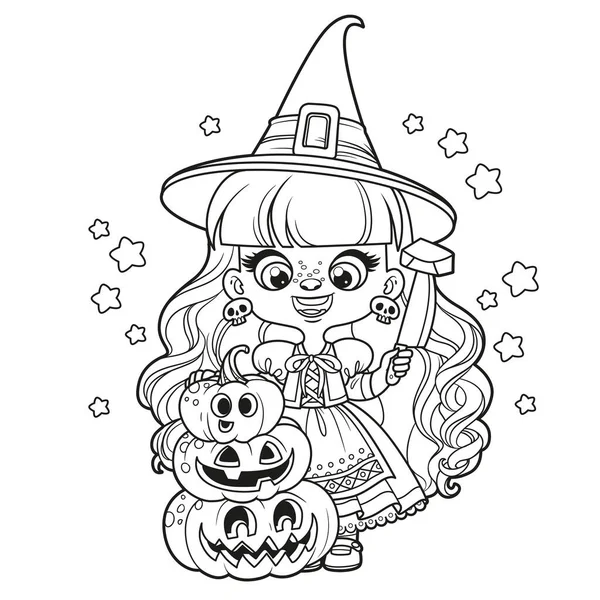 Roztomilé Kreslené Dlouhé Vlasy Dívka Halloween Čarodějnice Šaty Dýňovou Lucernou — Stockový vektor