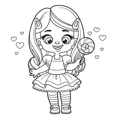 Beyaz arka planda el boyama sayfasında büyük lolipop şekeri olan tatlı bir çizgi film kızı.