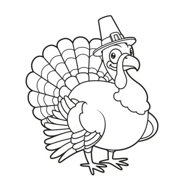 Beyaz arka planda boyama sayfası için çizilmiş hacı şapkası takan şirin bir hindi.