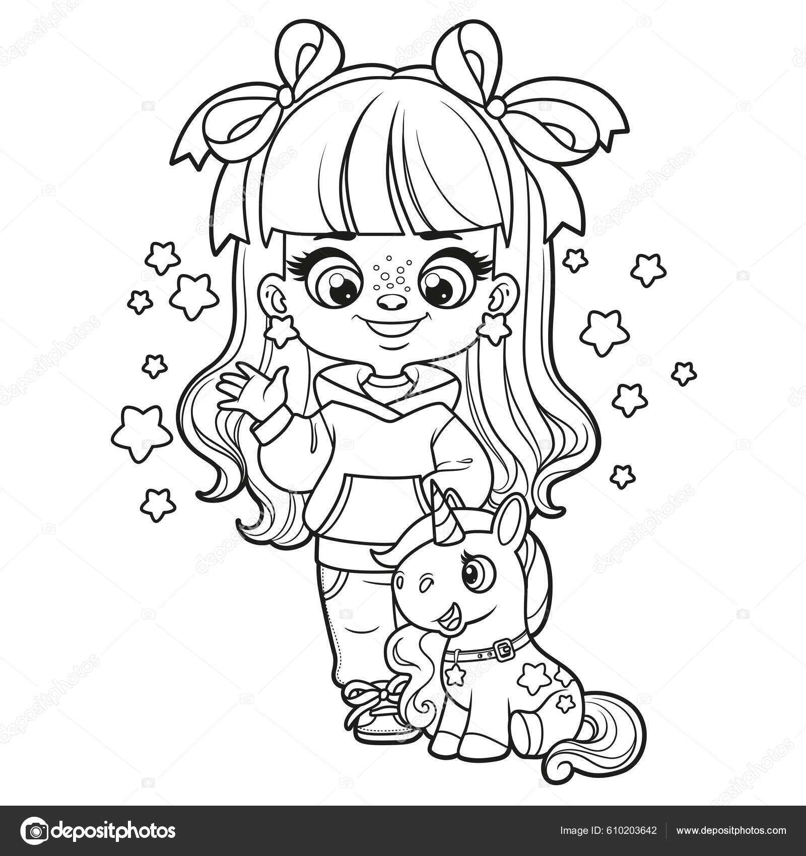 Menina Bonito Desenho Animado Com Boneca Brinquedos Delineados Para Colorir  imagem vetorial de yadviga© 649446728