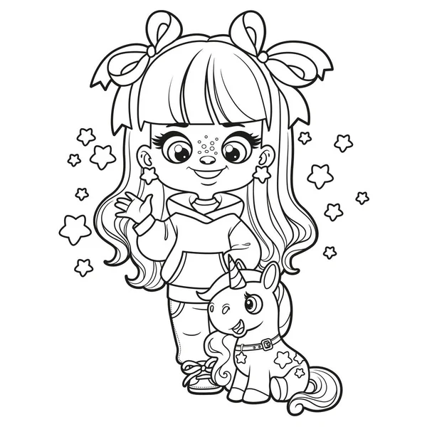 Menina Bonito Desenho Animado Com Boneca Brinquedos Delineados Para Colorir  vetor(es) de stock de ©yadviga 649446728