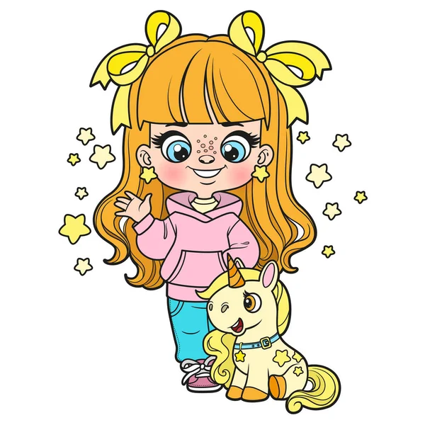 可爱的卡通女孩与软玩具独角兽的颜色变化为白底上的彩色页面 — 图库矢量图片