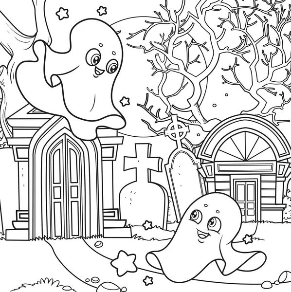 墓地のハロウィーンの背景と着色ページのために概説幽霊の月の夜と暗号 — ストックベクタ
