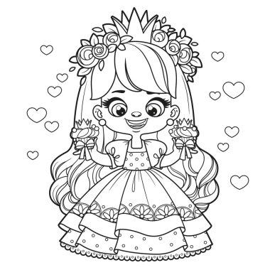 Beyaz arka planda boyama sayfası için özetlenmiş lezzetli kekleri olan uzun saçlı tatlı prenses kız.