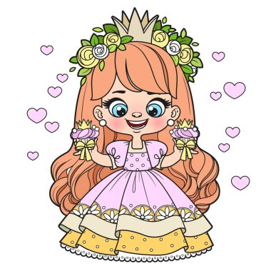 Beyaz arka plandaki boyama sayfası için tatlı, uzun saçlı prenses kız.