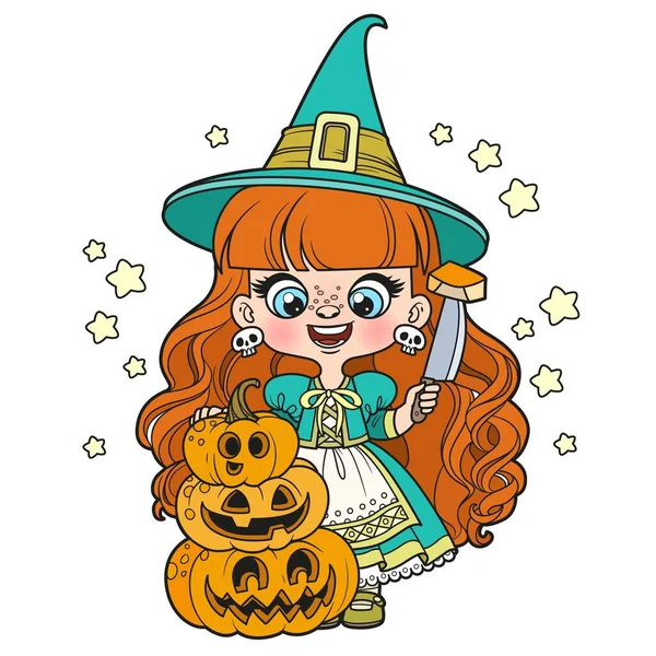 Cute Cartoon Longhaired Witch Girl Pumpkin Lantern Knife Color Variation — Stock Vector