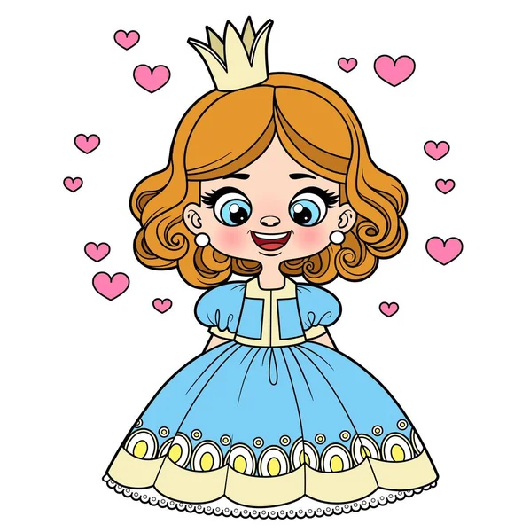 Cute Cartoon Curly Haired Girl Princess Dress Color Variation Coloring — Stock Vector