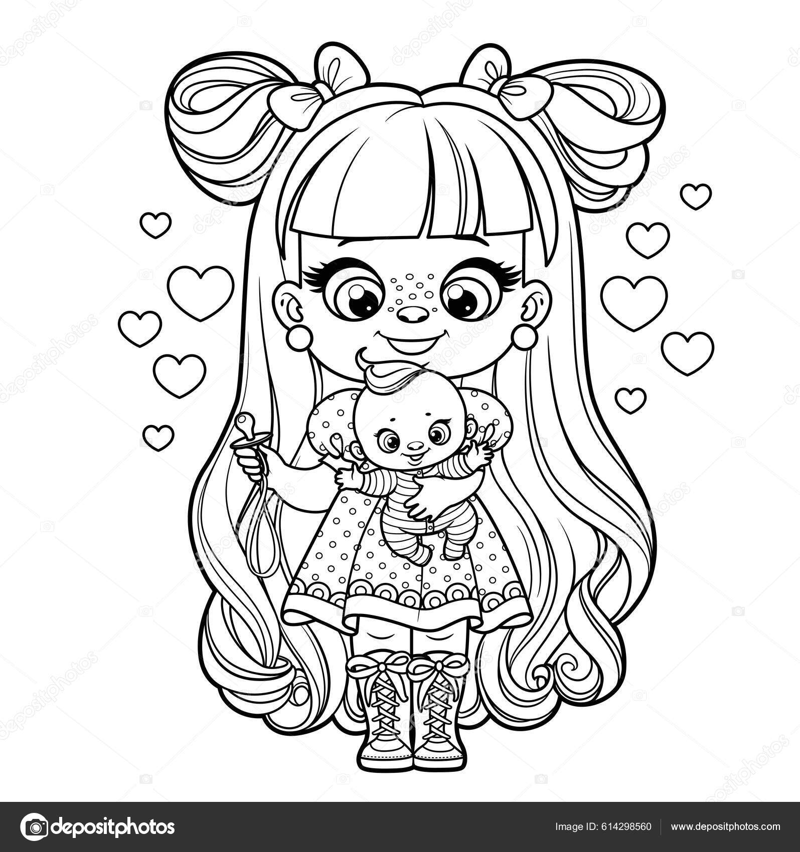 Desenhos para colorir de desenho de uma menina com sua boneca para colorir  