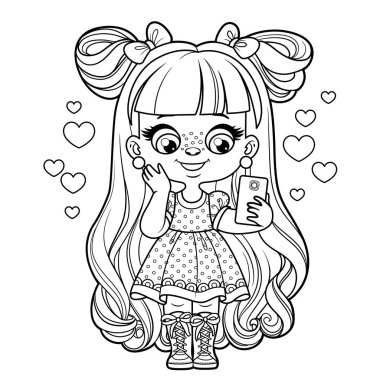 Telefonda konuşan uzun saçlı güzel bir çizgi film. Beyaz arka planda boyama sayfası için çizilmiş.