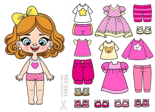 Cute Cartoon Girl Underwear Set Pink Beige Clothes Shoes Dressing — Stock Vector