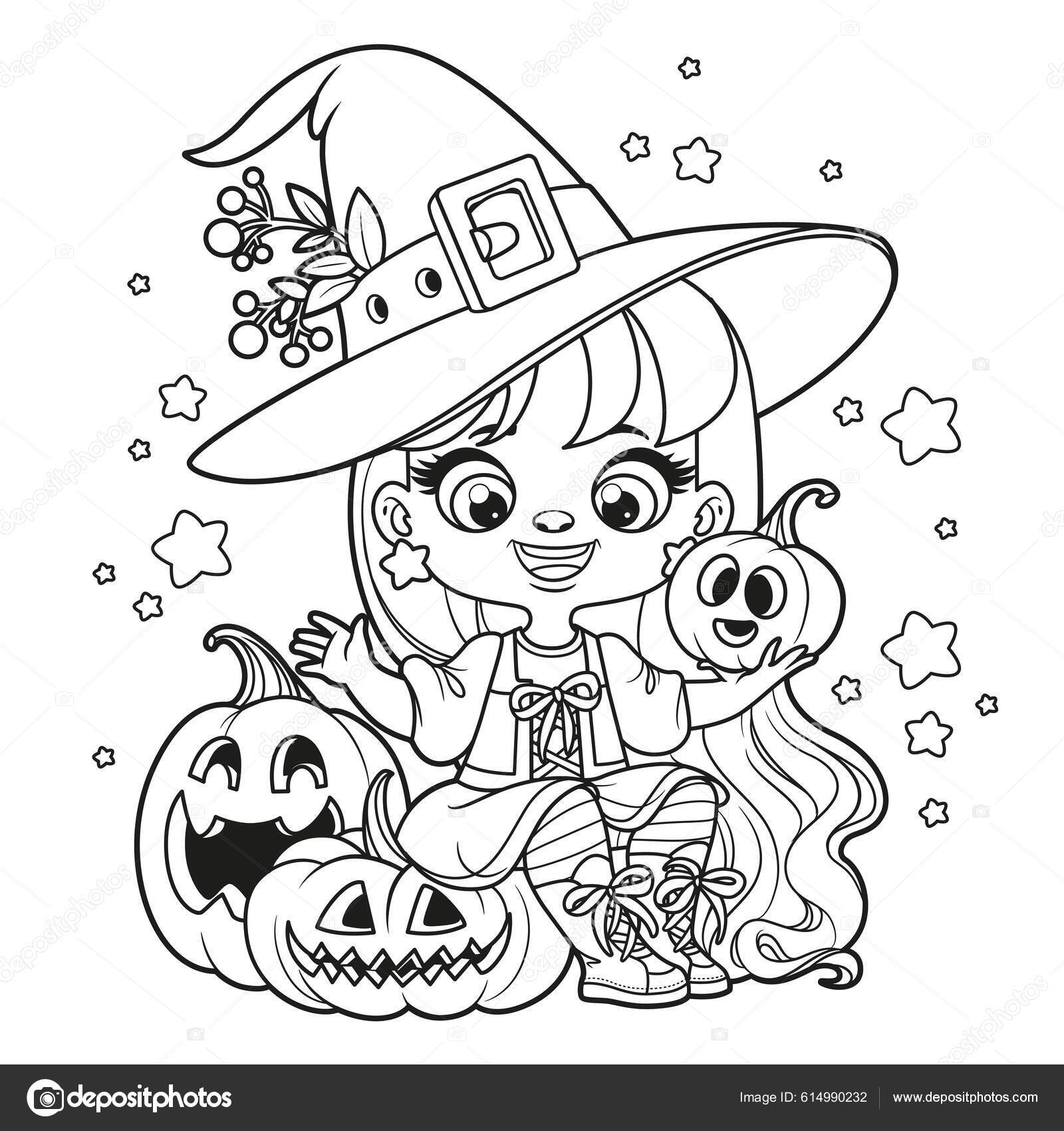 Desenhos Animados Bonitos Menina Cabelos Longos Traje Bruxa Halloween  Sentar imagem vetorial de yadviga© 614990232