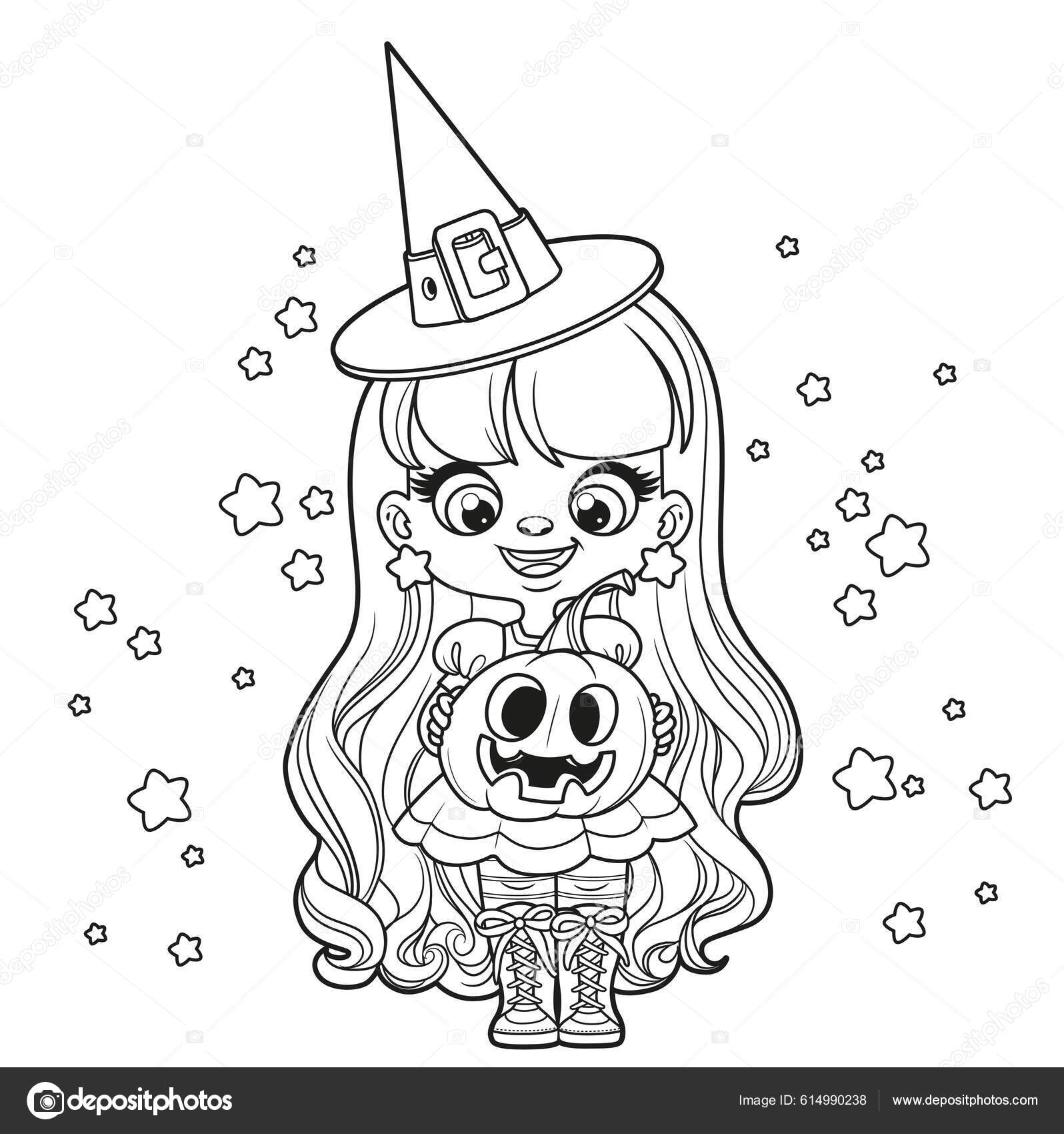 Desenhos Animados Bonitos Menina Cabelos Longos Traje Bruxa Halloween  Sentar imagem vetorial de yadviga© 614990232