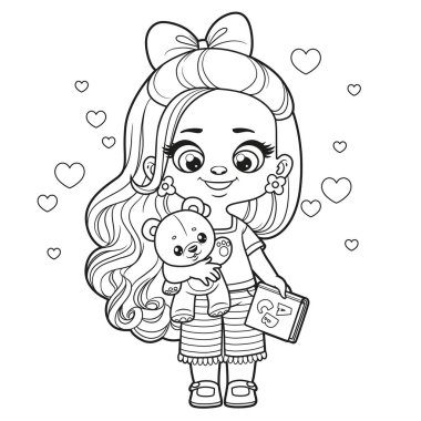 Güzel çizgi film, uzun saçlı, ABC kitabı ve ellerinde oyuncak ayıyla beyaz arka planda boyama sayfası çizilmiş bir kız.