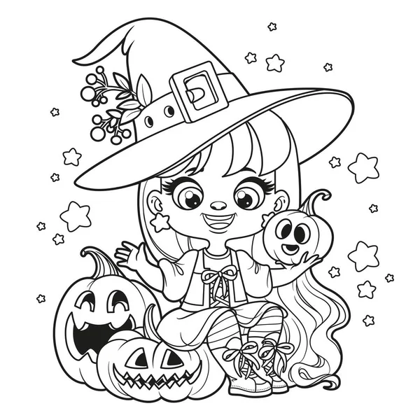 Cute Cartoon Long Haired Girl Halloween Witch Costume Sit Pumpkin — Stock Vector