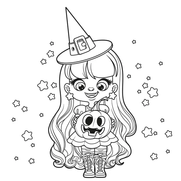 Linda Chica Dibujos Animados Pelo Largo Disfraz Bruja Halloween Con — Vector de stock