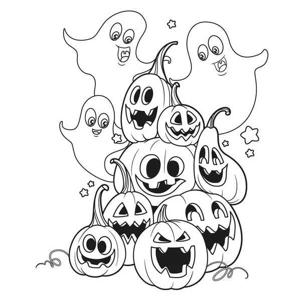 Många Halloween Pumpor Lyktor Med Skuren Flin Omgiven Spöken Kontur — Stock vektor
