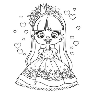 Beyaz arka planda boyama sayfası için çizilmiş uzun saçlı balo elbiseli prenses kız.
