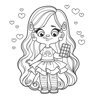 Beyaz arka planda el boyama sayfasında büyük çikolatalı tatlı bir kız.