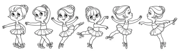 Conjunto Meninas Bailarina Desenhos Animados Tutu Delineado Para Colorir Isolado — Vetor de Stock