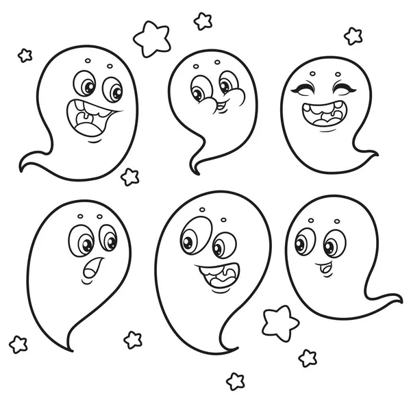 Cute Cartoon Ghosts Set Outlined Coloring Page White Background — Stock Vector