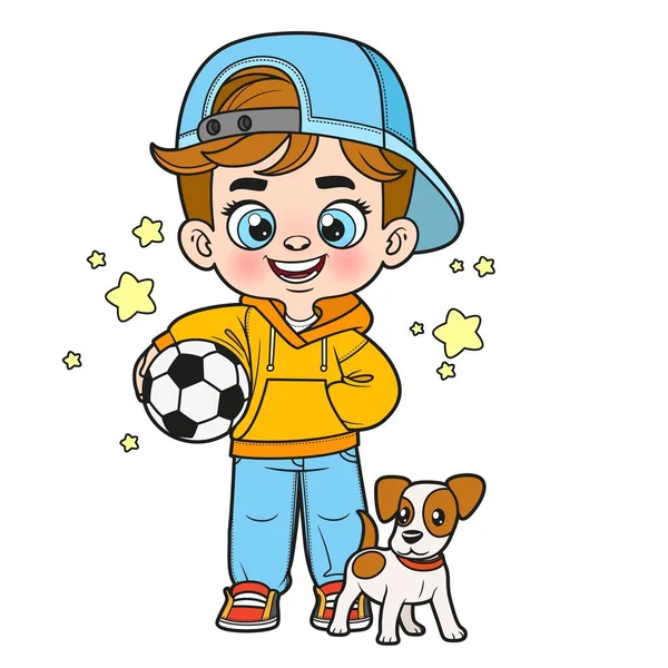 かわいい漫画の男の子でキャップ歩くと子犬と手の色のバリエーションでサッカーボールを保持している白い背景にページを着色 — ストックベクタ