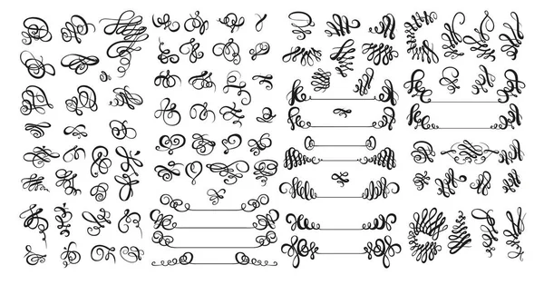 Set Molto Grande Elementi Calligrafici Simmetrici Asimmetrici Neri Design Sfondo — Vettoriale Stock