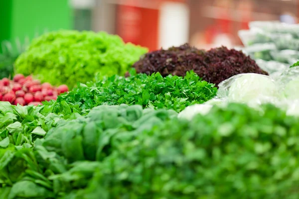 Shelf with different green vegetables — Stock Photo, Image