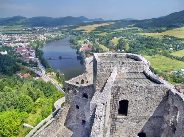 Aerial summer view from tower of Strecno Castle — Stock Photo, Image