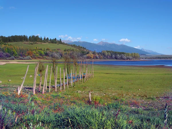 Holzsteg am trockenen Ufer des Liptovska mara Sees — Stockfoto