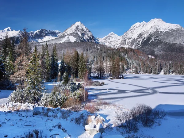 在高塔特拉山区冬季冻的 strbske-pleso — 图库照片