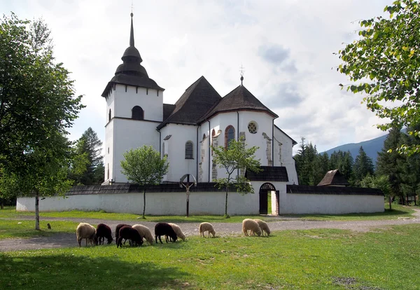 Gothic church in Pribylina with sheep — Stock Photo, Image