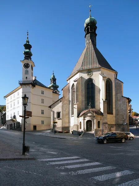 Town hall and Church in Banska Stiavnica — Stock Photo, Image