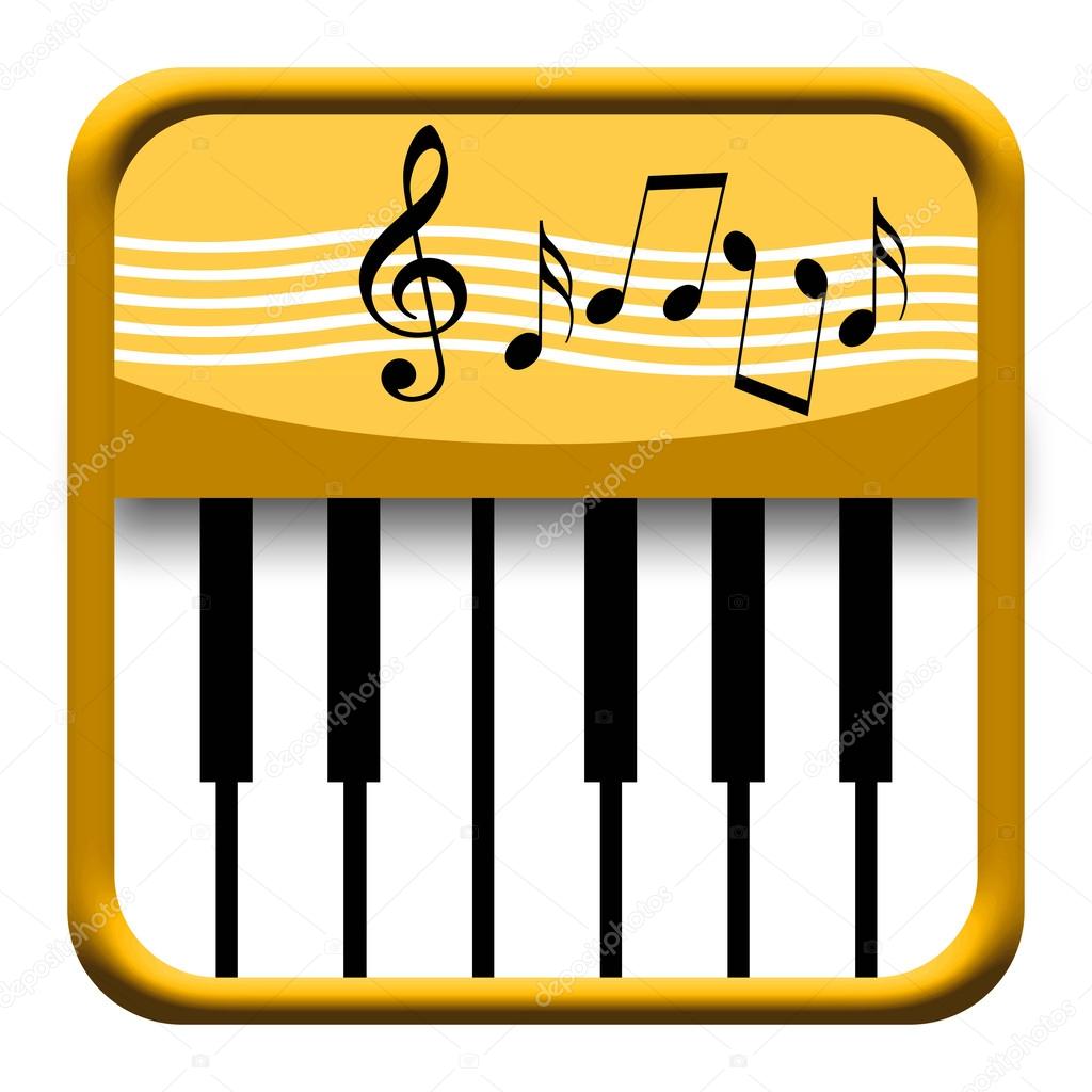 Golden piano icon with musical symbols