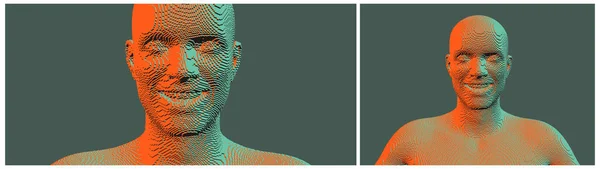 男は笑った 人は高い精神にある 顔のモデル 人と感情の概念 ヴォクセル美術 3Dベクトル図 — ストックベクタ