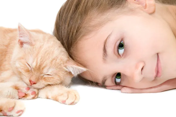 The girl with a red kitten — Stock Photo, Image