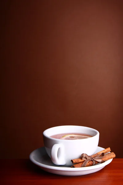 Cup hot Tea on brown background — Stock Photo, Image