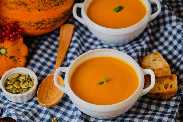 Dos Porciones Sopa Casera Crema Calabaza Plato Caldo Blanco Una —  Fotos de Stock